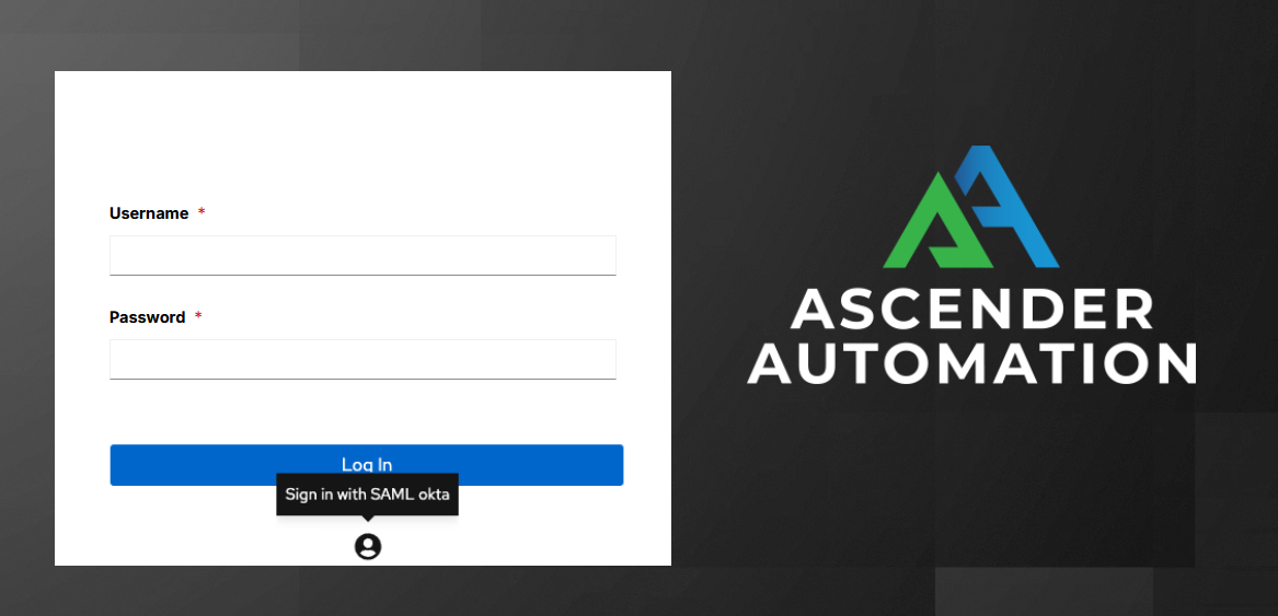 Ascender login screen displaying the SAML logo for authentication.