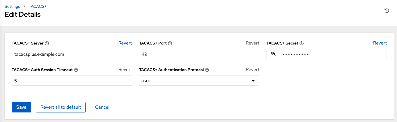 TACACS+ configuration details in Ascender settings.